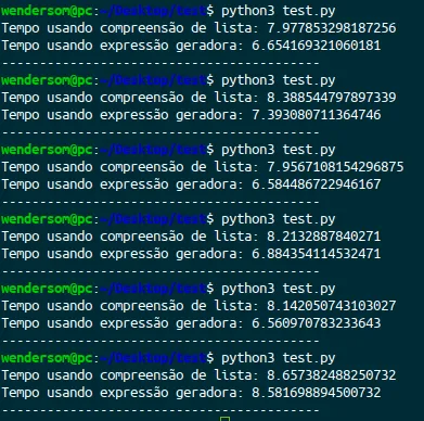Seis execuções do script de soma com range de 100 milhões