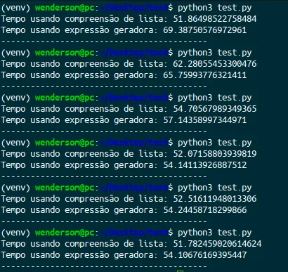 Seis execuções do script com range de 100 milhões