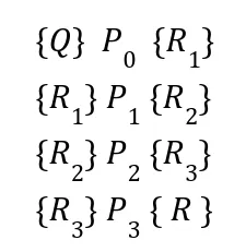 Sequência de triplas {Q} P0 {R1}, {R1} P1 {R2}, {R2} P2 {R3}, {R3} P3 {R}